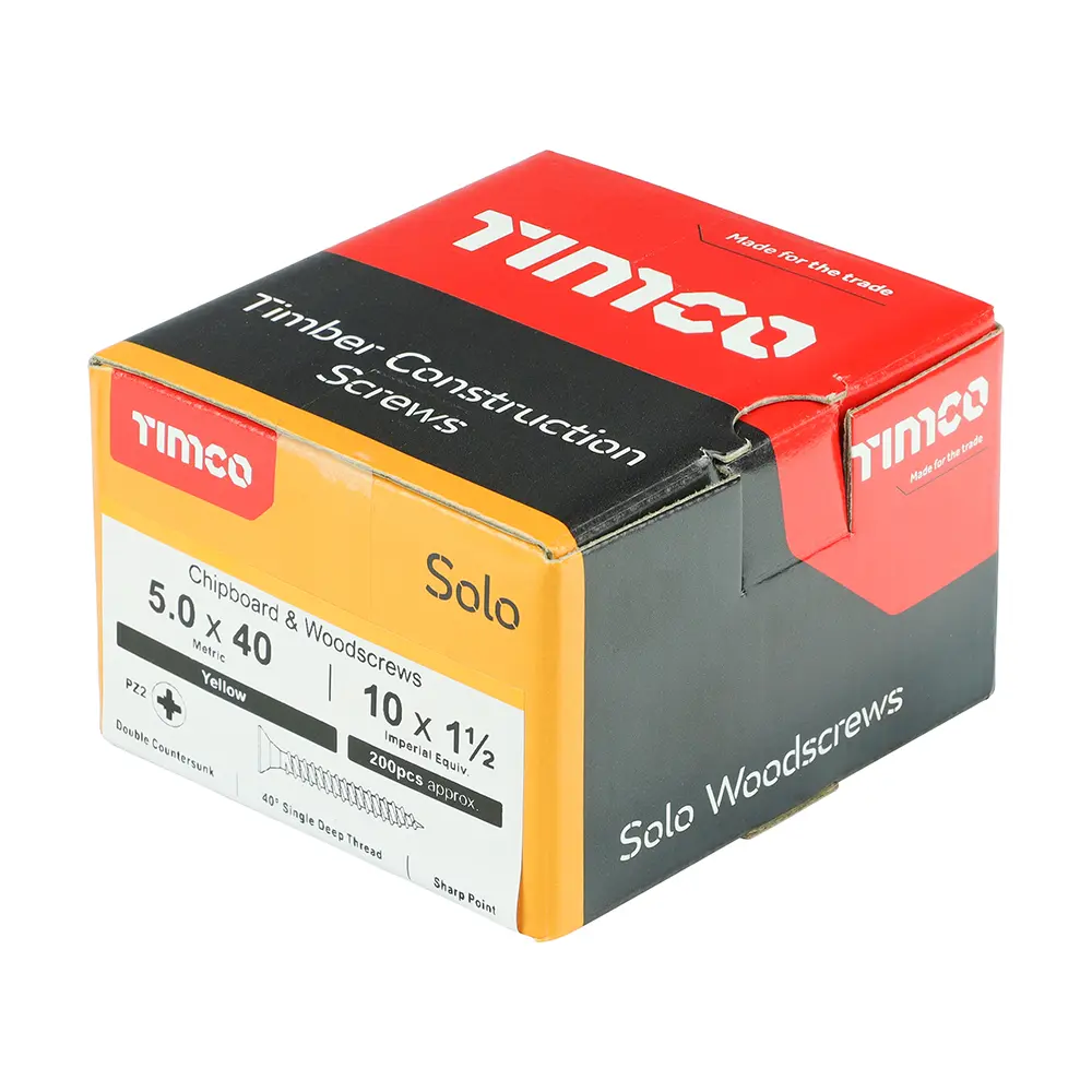 Solo Chipboard & Woodscrews - Double Countersunk - 5.0 x 40mm - Box of 200