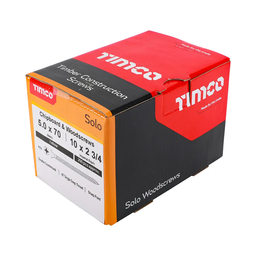 Solo Chipboard & Woodscrews - Double Countersunk - 5.0 x 70mm - Box of 200