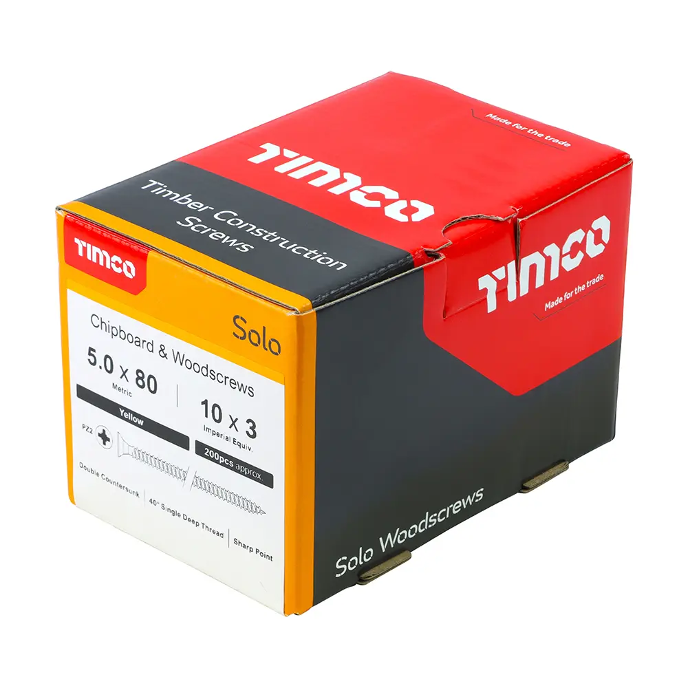 Solo Chipboard & Woodscrews - Double Countersunk - 5.0 x 80mm - Box of 200